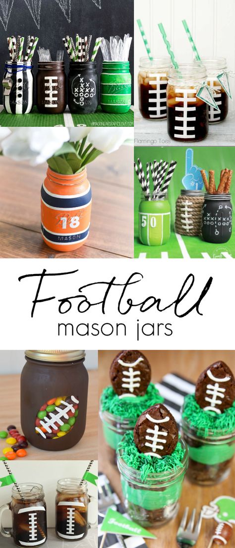 Football Mason Jars Diy, Football Diy Crafts, Diy Football Gifts, Football Mason Jars, Maple Leaf Mason Jars, Painted Mason Jar Crafts, Budget 101, Football Centerpieces, Senior Banquet