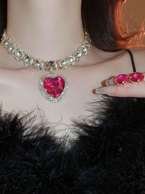 Hot Pink  Collar     Embellished   Women Fashion Jewelry Earrings And Necklace, Women's Jewelry Sets, Heart Shaped Earrings, Pink Collar, Pink Collars, Heart Shaped Diamond, Watches Women Fashion, Diamond Heart, Jewelry Sets