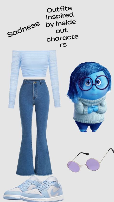 Outfits Inspired by Inside out characters!! Sadness Inside Out Themed Outfits, Inside Out 2 Outfits, Inside Out Outfits, Inside Out Inspired Outfits, Inside Out 2 Outfit Ideas, Inside Out Outfit Ideas, Disney Character Inspired Outfits, Disney Costumes For Women, Shuffles Outfits