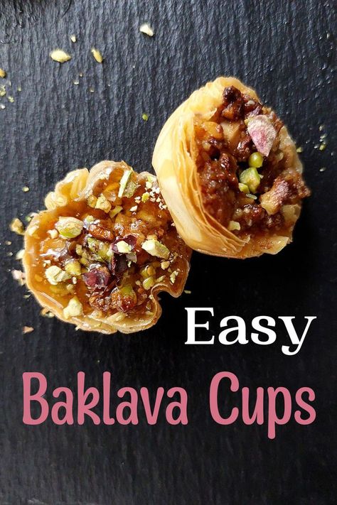 Perfect for entertaining or an anytime snack, these Easy Baklava cups are quick to whip up. A twist on the classic baklava, these are made up of a sweet nut filling inside light flaky layers of phyllo pastry. Baklava Cups, Easy Baklava, Baklava Recipe Easy, Phyllo Pastry, Pastries Recipes Dessert, Phyllo Cups, Cake Filling Recipes, Baklava Recipe, Elegant Food