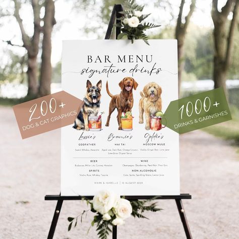 Signature Drink Sign With Dog, Bar Menu Template With Watercolor Drinks, Pet Drink Sign Wedding, DIY Custom Wedding Cocktails Printable Sign - Etsy Wedding Bar Menu With Dog, Dog Drink Menu Wedding, Bar Sign With Dog, Dog Bar Wedding Sign, Wedding Bar Sign Dog, Dog Cocktail Wedding, Ways To Incorporate Dogs In Wedding, Dog Signature Drink Wedding, Dog Bar Sign