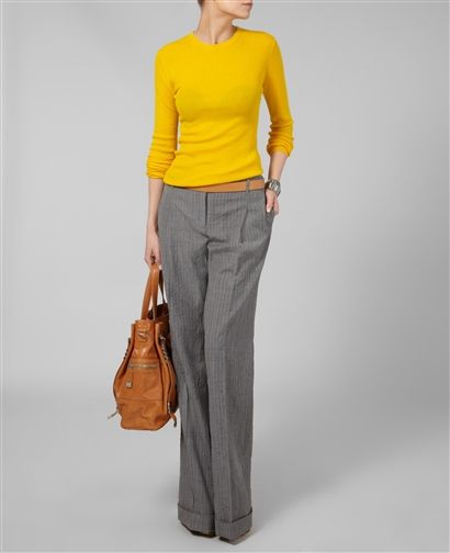 Michael Kors - yellow, gray, tan Yellow And Gray Outfit, Gray And Yellow Outfit, Yellow And Grey Outfit, Gray Outfits For Women, Yellow Blouse Outfit, Blouse Outfit Work, Grey Pants Outfit, Preppy Plaid, Yellow Blouse