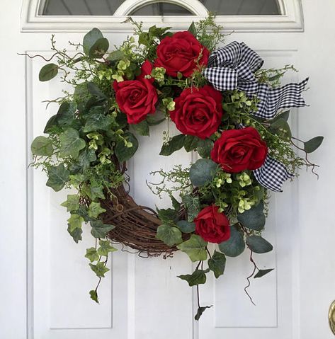 Church Wreaths, Red Wreaths, Joy Aesthetic, Deep Red Roses, Ivy Wreath, Elegant Wreath, Valentine Wreaths, Red Rose Wreath, Garden Wreath