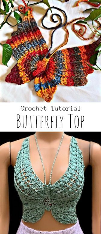 Crochet Butterfly Top | Pretty Ideas | Bloglovin’ Crocheted Butterfly Top, Quick Crochet Crop Top, Butterfly Shirt Crochet, Crochet And Fabric Top, Shirt Crochet Patterns Free, Crochet With Crystals, Crochet Outfit Ideas Summer, Butterfly Top Crochet Pattern Free, Crochet Spring Tops Free Pattern