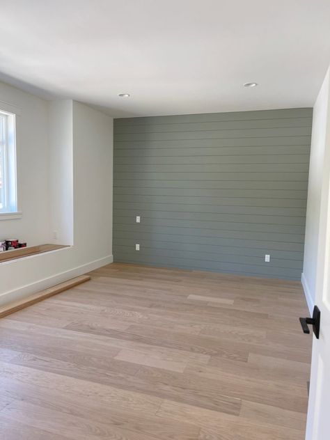 Gray Green Paint Colors Bedroom, White Walls With Sage Green Accent Wall, Bedroom Accent Wall Colours, Green Paint Colours For Bedroom, White Wall With Green Accent, Coloured Accent Wall, Evergreen Wall Paint, Master Bedrooms Decor Green Accent Wall, October Mist Accent Wall