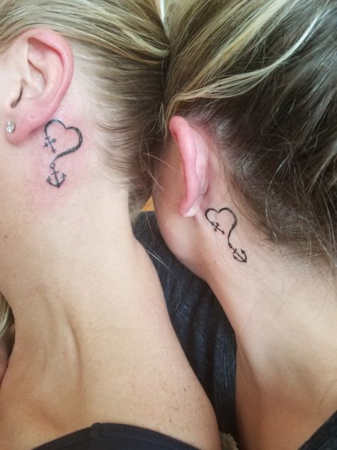 Hope, faith, love, bestfriends, behind the ear tattoo. Heart, cross, anchor. Cross Tattoo Behind The Ear, Anchor Tattoo Behind Ear, Cross Heart Tattoos For Women, Infinity Cross Heart Tattoo, Cross Inside Heart Tattoo, Cross Heart Anchor Tattoos For Women, Tattoo Faith Hope Love, Small Skull Tattoo, Faith Hope Love Tattoo