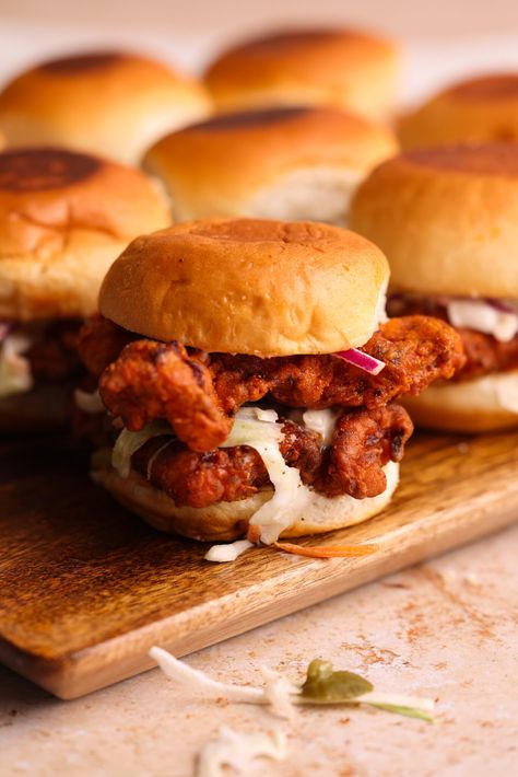 The Best Nashville Hot Chicken Sliders - BAKE WITH ZOHA Nashville Chicken Sliders, Crispy Chicken Sliders, Nashville Hot Chicken Sliders, Hot Chicken Sliders, Hawaiian Slider Recipe, Sliced Pickles, Sliders Recipes Hawaiian Rolls, Nashville Chicken, Sliders Recipes Chicken