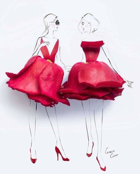 Artist Creates 3D Fashion Illustrations of Floral Dresses Using Real Petals Grace Ciao, Fashion Illustration Sketches, Flower Dress Art, Creative Artwork, Flower Petal Art, Cross Paintings, Dry Flower, Fashion Design Drawings, Fashion Illustration Dresses