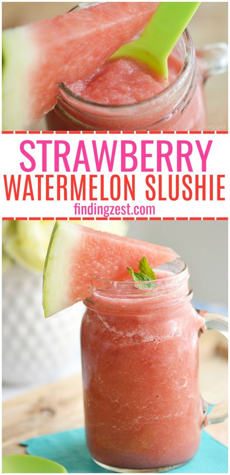 Give this refreshing Strawberry Watermelon Slushie a try to cool off! This is a great summer blender drink and very kid friendly. Using fresh fruit, this slushie is the perfect treat on a hot day. #watermelon #slushie #fruits #strawberry #blenderrecipes #drinkrecipes #kidfriendly #summerrecipes Watermelon Slushie Recipe, Watermelon Slush, Watermelon Slushie, Blender Drinks, Slush Recipes, Fruit Slush, Slushie Recipe, Easy Holiday Recipes, Fruity Drinks