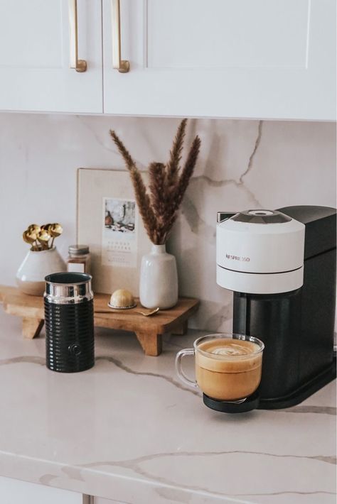 Nespresso Coffee Station Ideas Modern, Nespresso Corner Ideas, Neutral Coffee Bar Ideas, Nespresso Next Coffee Station, Nespresso Counter Station, Coffee Bar Nespresso Vertuo, Transitional Coffee Station, Coffee Station Nespresso Vertuo, Nespresso On Countertop