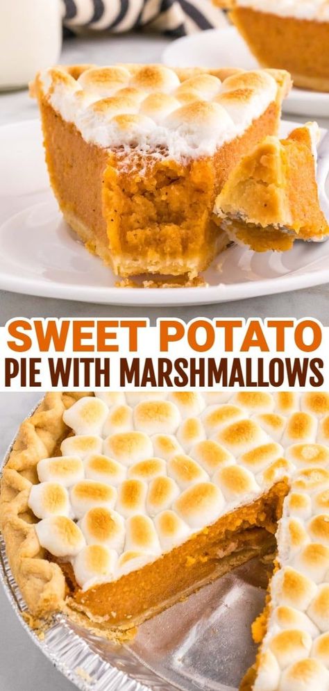 Sweet Potato Pie with Marshmallows is a classic Thanksgiving and Christmas dessert made with mashed sweet potatoes combined with butter, sugar, eggs, evaporated milk, cinnamon, nutmeg and ginger, baked in a flaky pie crust and topped with mini marshmallows. Sweet Potato Marshmallow Casserole, Thanksgiving Side Dishes Crockpot, Sweet Potato Casserole With Marshmallows, Sweet Potatoes With Marshmallows, Canned Yams, Best Sweet Potato Casserole, Sweet Potato Thanksgiving, Sweet Potato Casserole Easy, Twice Baked Sweet Potatoes