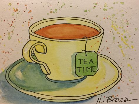 Tea Watercolor Painting, Tea Time Drawing, Cup Of Tea Painting, Tea Party Painting, Teacup Drawing, Tea Drawing, Tea Painting, Tea Cup Drawing, Tea Journal