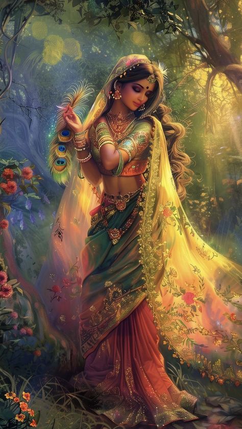 free wallpapers 4K radha rani, deity, girl, national costume, forest, hinduism, religion, ai, art for mobile and desktop Radha Krishna Modern Art, Indian Art Gallery, Art Photography Portrait, Indian Goddess, Hinduism Art, Vedic Art, Goddess Artwork, Creative Profile Picture, Krishna Radha Painting