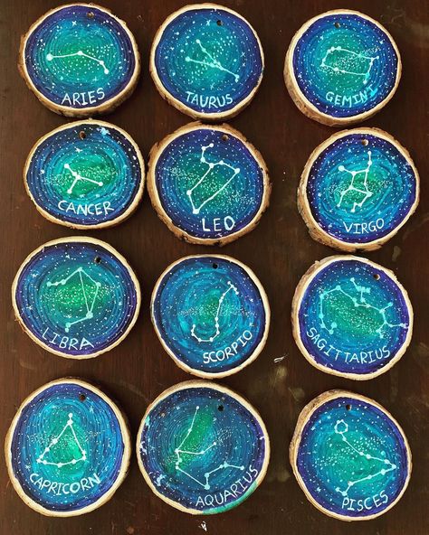 Ritz patel on Instagram: “Zodiac sign constellations painted on wood slice. . .” Sign Constellations, Zodiac Constellation Art, Painted Wooden Chairs, Painting Ornaments, Wooden Chairs, Hamsa Pendant, Zodiac Constellations, Zodiac Art, Creative Mind