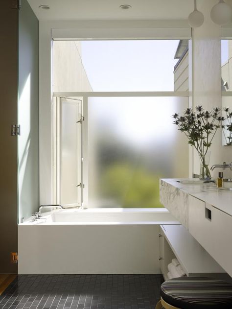 frosted glass window for privacy Bathroom Big Window, Toilet Makeover, Bathroom Laundry Combo, Bath Window, Frosted Glass Window, Window In Shower, Cabin Inspiration, San Francisco Houses, White Tile Floor