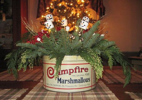 Vintage Campfire Marshmallow Tin Christmas Arrangement Campfire Marshmallow Tin Decor, Campfire Marshmallow Tin, Campfire Christmas, Camping Christmas, Campfire Marshmallows, Christmas Decs, Vintage Christmas Crafts, Antique Tins, Antique Advertising