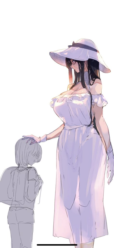 Tall Woman Short Man Anime, Tall Woman Short Man Drawing, Tall Woman Character Design, Crazy Woman Drawing, Tall Anime Woman, Tall Woman Drawing, Tall Female Character Design, Split Mouth Woman, Tall Girl Short Guy Drawing