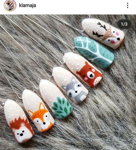 Woodland Theme Nails, Teal Floral Nails, Christmas Nails Animals, Woodland Creature Nail Art, Winter Animal Nails, Otter Nails, Animals On Nails, Nails Animals, Fall Animal Nail Designs