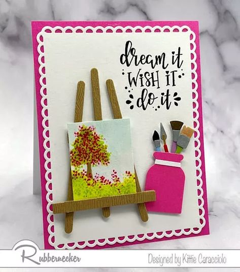 A tiny "painting" and die cut tools and an easel make up this cute idea for handmade cards to give to artists of all types. You can make your own little piece of "art" from a stamp, paint it like this one, use a piece of patterned paper - whatever your artist friend likes! All the details are free in the post so make sure you come back and Pin this to save to make later. Swap out the sentiment, the colors, the "art" and you've got a card idea you can use over and over for your artist friends! Rubber Stamping Techniques, Cloud Stencil, Diy Card Making, Tree Textures, Creating Texture, Artist Card, Cute Card, Making Paper, Card Making Techniques