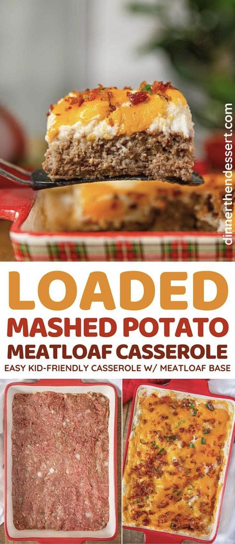 Loaded Mashed Potato Meatloaf Casserole is beef meatloaf, loaded mashed potatoes, bacon and cheese baked until crispy. #dinner #casserole #meatloaf #meatloafcasserole #mashedpotatoes #cheddarcheese #loadedmashedpotatoes #holidaydinner #weeknightdinner #dinnerthendessert Loaded Mash Potatoe Meatloaf, Rocambole Stuffed With Cheese, Chop Meat Dinner Ideas, Meatloaf Topped With Mashed Potatoes, Loaded Mashed Potato Meatloaf, Mashed Potatoes And Meatloaf, Hamburger Meat Mashed Potatoes Recipes, Cheesy Loaded Meatloaf Casserole 12 Tomatoes, Loaded Meatloaf Casserole 12 Tomatoes