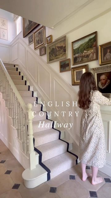 Country Hallway, Gallary Wall, Stairway Gallery Wall, Hall Tiles, French Provincial Home, Gallery Wall Staircase, Painted Staircases, Stair Gallery, Painted Stairs