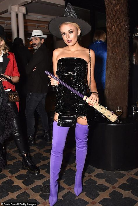 Purple Thigh High Boots, Chelsee Healey, Halloween Party Host, Tallia Storm, Shiny Outfits, Mollie King, Spooky Costumes, Lottie Moss, Halloween Bash