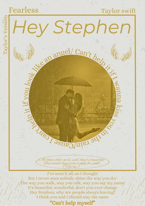 Hey Steven Taylor Swift, Fearless Poster Taylor Swift, Hey Stephen Taylor Swift Lyrics, Fearless Tracklist, Hey Stephen Taylor Swift, Fearless Poster, Room Aestethic, Hey Stephen, Swiftie Core