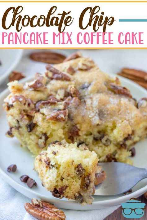 This Chocolate Chip Coffee Cake starts off so easy by using pancake mix with a few extra ingredients. For a snack, breakfast or dessert! Pancake Mix Coffee Cake, Pancake Mix Cake, Chocolate Chip Coffee Cake, Cake Mix Pancakes, Chocolate Chip Pancake, Pancake Cake, Pancake Mix Recipes, Coffee Cake Recipe, Chocolate Chip Cake