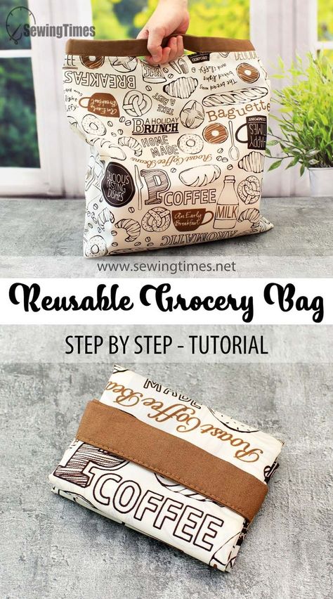 DIY Reusable Grocery Bag | Easy way to make a shopping bag [sewingtimes] Diy Reusable Grocery Bags, Sac Diy, Diy Bag Designs, Bags Sewing, Diy Bags Purses, Tote Bags Sewing, Beginner Sewing Projects Easy, Diy Tote Bag, Bag Sewing