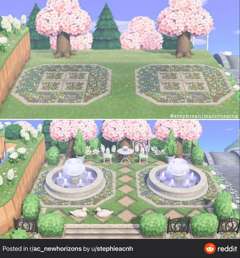 Acnh Cherry Blossom, Acnh Elegant, Fountain Flowers, Acnh Paths, Flower Bed Designs, Blossom Season, Cherry Blossom Season, Acnh Inspo, New Animal Crossing