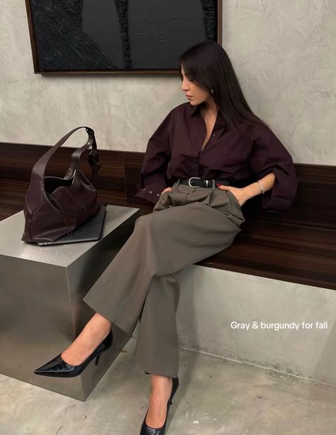 Burgundy Blouse Outfit Classy, Boho Corporate Outfit, Boss Babe Aesthetic Outfit, Wool Trousers Women Outfit, Burgundy Fall Outfits 2024, Old Money Outfits Fall 2024, Fall Outfits 2024 Burgundy, Uni Outfits Fall, Professional Work Clothes