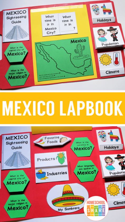 Mexico Lapbook – Homeschool Share Mexico Facts For Preschool, Mexico Board Project, Mexico Geography Project, Mexico Montessori Unit, Mexico Project Ideas, Mexico Classroom Theme, Country Research Projects For Kids, Mexico Unit Study For Kids, Mexico Homeschool Activities