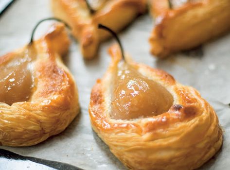 Puff pastry pear tarts - Stephanie Alexander Phyllo Dough And Pears, Pear Tart Tartan, Poached Pear Tart, Pear Tarts Puff Pastry, Upside Down Pear Tart, Puff Pastry Pear Tart, Pear Puff Pastry Dessert, Pear Treats, Pear Danish