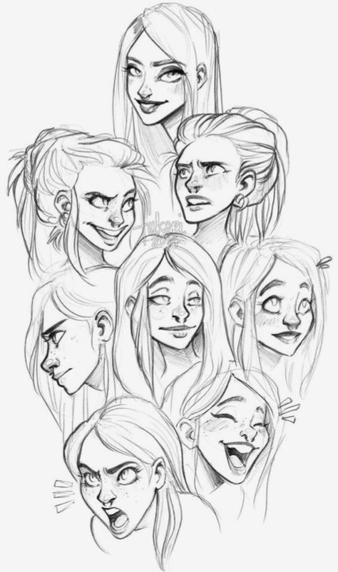 Face Second row left, mischievous expression, she’s cheeky! But pixie-ish like the picture of just the face by itself on the other image. رسم كاريكاتير, Draw Faces, Cartoon Drawings Of People, Character Design Cartoon, Drawing Eyes, Cartoon Girl Drawing, Drawing Expressions, Cartoon Faces, Girl Sketch