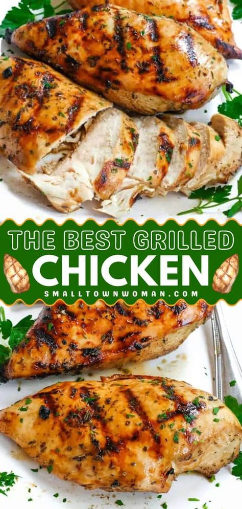 The BEST grilled chicken ever! Thanks to an easy, 8-ingredient marinade, these grilled chicken breasts come out tender, juicy, and flavorful. The perfect Labor Day party food idea! Enjoy this good summer grilling recipe for tacos, salads, sandwiches, and more! Grilled Chicken Recipes Marinade, Best Grilled Chicken Breast, Grilled Chicken Marinade Recipes, Recipe For Tacos, Easy Summer Grilling Recipes, The Best Grilled Chicken, Best Grilled Chicken, Grilled Chicken Breast Recipes, Grilled Chicken Marinade