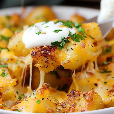 Cheesy Yellow Potatoes, Cheesy Fiesta Potatoes, Fiesta Potatoes, Mediterranean Spices, Seasoned Potatoes, Nacho Cheese Sauce, Gluten Free Potatoes, Breakfast Hash, Cubed Potatoes