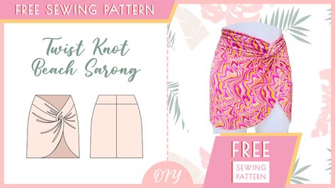 Free Sewing Pattern, How to sew a twist knot skirt beach sarong, free beach coverup sewing pattern Diy Sarong Skirt, Sarongs Diy, Swimwear Sewing, Swimwear Sewing Patterns, Pattern For Sewing, Knot Skirt, Twisted Skirt, Skirt Pattern Free, Skirt Beach