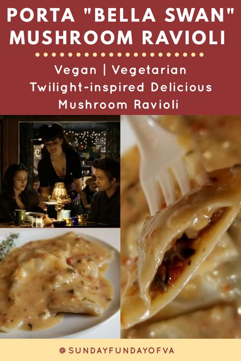 Twilight Themed Meals, Mushroom Ravioli Twilight, Vegan Mushroom Ravioli, Twilight Dinner Ideas, Twilight Mushroom Ravioli, Twilight Inspired Food, Twilight Food Ideas, Twilight Themed Food, Ravioli Vegetarian