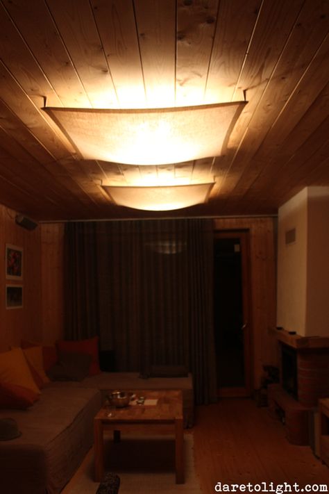 A fluorescent light is hidden behind a transparent canvas veil in a ceiling of a cottage to prevent glare and to soften the light. Fluorescent Light Covers Diy Ideas, Florescent Light Cover Ideas, Flourescent Box Light Update, Canvas Ceiling, Fluorescent Light Covers Diy, Kitchen Lightening, Florescent Light Cover, Lofted Bedroom, Flourescent Light