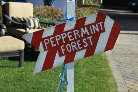 Peppermint forest sign inspiration Peppermint Forest Door Decorations, Candyland Peppermint Forest Decorations, Peppermint Forest Candyland, Peppermint Forest School Hallway, Candyland Peppermint Forest, Peppermint Forest Decorations School, Peppermint Party Theme, Candy Cane Forest Decorations, Creepy Candyland