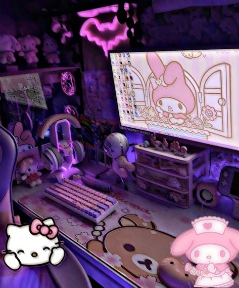 Pastel Gamer, Emo Room, Pastel Goth Decor, Gamer Bedroom, Gamer Decor, Pc Setups, Gaming Setups, Goth Decor, Gaming Room Setup