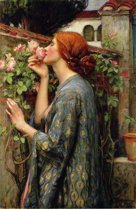 “The Soul of the Rose (1908) by John William Waterhouse (English artist, lived 1849-1917). Private collection. #Romanticist #PreRaphaelite style. The red-haired model may have been Muriel Foster.” The Soul Of The Rose, Soul Of The Rose, Waterhouse Paintings, Pre Raphaelite Paintings, Pre Raphaelite Art, John William Waterhouse, Pre Raphaelite, Famous Art, Romantic Art