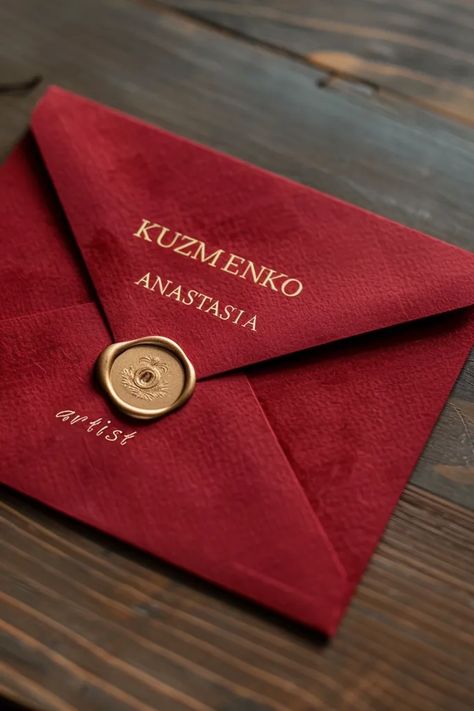 Midjourney AI Image: a red envelope with the words "KUZMENKO ANASTASIA" written on it, adorned with an elegant gold wax s... → more in ai-img-gen.com Gold Wax Seal, Gold Envelopes, Gold Lettering, Red Envelope, Wax Seal, Wooden Table, Wax Seals, Red And Gold, Red Gold