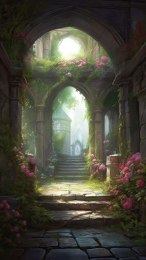 Fantasy Courtyard, Elven Garden, Fae Kingdom, Magical Fantasy Kingdom Aesthetic, Magical Garden Fantasy Art, Elven Library, Fantasy Forest Kingdom, Fantasy Courtyard Art, Elf Kingdom