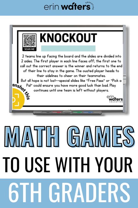 Is your 6th grade classroom cringe when you tell them it is time for their math lesson? Check out today’s blog post for the perfect solution - classroom math games. These 4 math games for 6th grade are the perfect way to sharpen their math skills while also having fun. Knockout, 4 corners, describe it and the game 24 focuses on practicing geometry, decimals, GCF and so many more math concepts. You don’t want to miss these math games for 6th graders that you can add into your next lesson plan. Sixth Grade Math Classroom, Middle School Math Games, Geometry Math Games, Math Games Middle School, 6th Grade Classroom, Partner Activities, Math Art Projects, Family Math Night, Interactive Math Journals