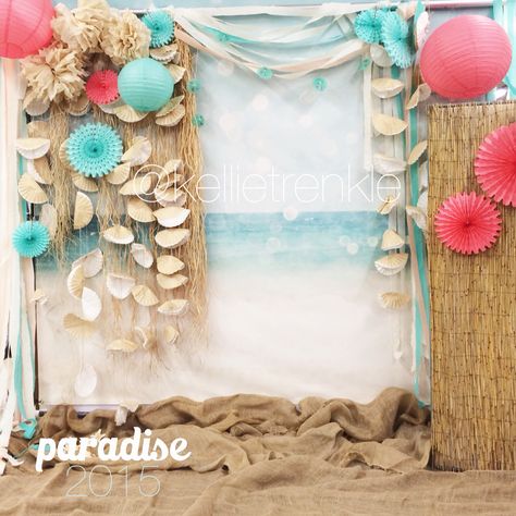 Raffia, paper lanterns, fans, tissue paper streamers, and seashell garland created a sweet backdrop for a paradise themed photo booth for a dance. Aqua, seafoam, coral, ivory, natural reeds, burlap created a muted beachy feel. Perfect for barefoot beach pictures! This would be beautiful for a wedding or reception, parties or other special occasions! #kellietrenkle #photographer #event #photobooth Ocean Photobooth Ideas, Ocean Photo Backdrop Diy, Beach Theme Party Backdrop, Beach Wedding Photo Booth, Beach Theme Photo Backdrop, Ocean Themed Photo Booth, Beach Photo Booth Ideas, Beach Theme Photo Booth, Ocean Photo Backdrop