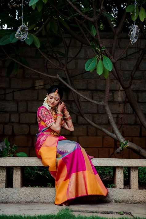 A Colourful Bangalore Wedding With The Bride In A Multi-Hued Silk Saree Half Saree Function Stills Outdoor, Half Saree Poses Photoshoot Ideas, Function Poses, Borderless Saree, Traditional Poses, Half Sari, Saree Ceremony, Bangalore Wedding, Saree Pose