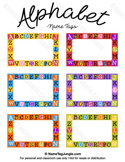 Free printable alphabet name tags. The template can also be used for creating items like labels and place cards. Download the   PDF at http://nametagjungle.com/name-tag/alphabet/ Kindergarten Name Tags, Alphabet Tag, Preschool Name Tags, Cubby Name Tags, Tag Template Free, Classroom Name Tags, Cubby Tags, Kindergarten Names, Name Tag For School