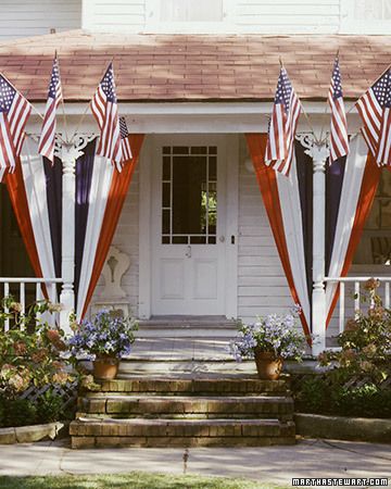 Festive Porch Display America Decorations, Patriotic Porch, Blue Bunting, Fourth Of July Decorations, Happy Birthday America, Independance Day, Small Flags, Fourth Of July Decor, American Flags