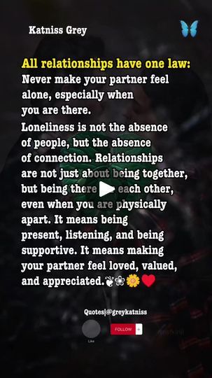 ✍️✨All relationships have one law: Never make your partner feel alone, especially when you are there. Loneliness is not the absence of people, but the absence of connection. Relationships are not just about being together, but being there for each other, even when you are physically apart. It means being present, listening, and being supportive. It means making your partner feel loved, valued, and appreciated.❦❀🌼♥️*•.¸.☆.¸¸.✿¸. •°💝💝💝

#lifequotes #quotes #positivequotes #wisdom #wisdomquotes #selfrespect #wisewords #quotestoliveby #quotesoftheday #thoughts #words #wordsofwisdom #positivevibes #greyquotes #reels #reelsfb #reelsvideo #reelsviral #reels2023 #reelit #reelitfeelit #fyp #viral #viralreels #viralvideo #viralpost #viralpage #viralshorts | 𝙌𝙪𝙤𝙩𝙚𝙨 | Alfred Tabanan Sabogaa Grey Quotes, Self Respect, Viral Post, Feeling Loved, Positive Vibes, Wisdom Quotes, Quotes To Live By, Wise Words, Positive Quotes